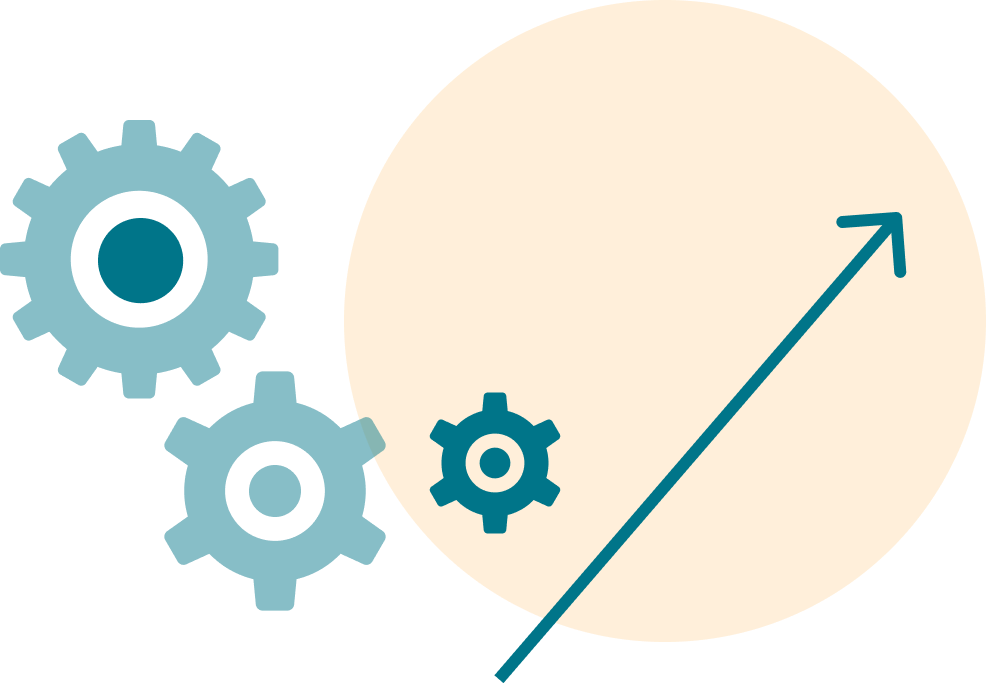 Illustration of three interconnected gears alongside an upward-trending arrow over a circular background, symbolizing growth and momentum in manufacturing and skilled trades.